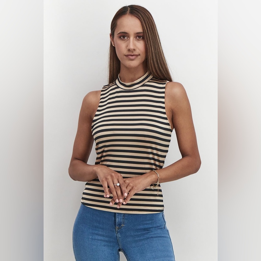 Avec Les Filles Mock Neck Stripe Tank Top Sleeveless Blouse Black Tan Spandex